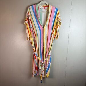 Karlie Multicolor Striped V-Neck Kimono Sleeve Self-Tie Dress Sz L